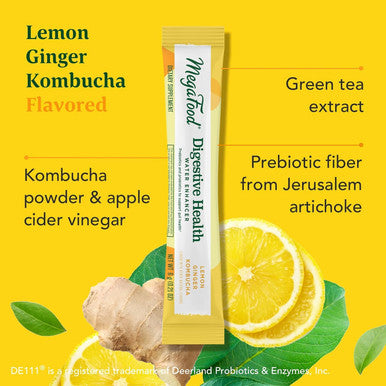 MegaFood Kombucha Powder - Probiotics For Digestive Health - Water Enhancer - Prebiotics And Probiotics For Women & Men - Support Gut Health - 2 Billion Cfu - Lemon Ginger - 10 Count (Pack Of 1)