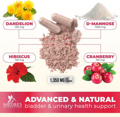 Nature'S Nutrition D-Mannose & Cranberry Extract 1350mg Advanced Formula Fast-Acting Natural Urinary Tract Health Support for Women & Men Flush Impurities in Urinary Tract & Bladder Non-GMO Vegan - 180 Capsules