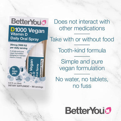 BetterYou Vitamin D3 Spray Liquid Immune Support Supplement, 1000 IU Strength, 0.50 Fl Ounce (100 Sprays), Peppermint