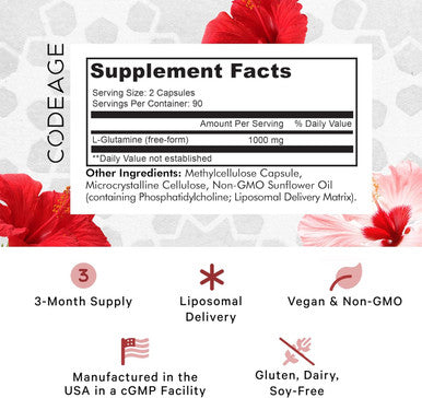 Codeage Liposomal L-Glutamine Capsule Supplement - 1000 mg L-Glutamine per Serving - 3-Month Supply - Liposomal Delivery Vegan Glutamine Pills Non-GMO Gluten- Amino Acid - 180 Capsules