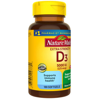 Nature Made Extra Strength Vitamin D3 5000 Iu (125 Mcg) Dietary Supplement For Bone Teeth Muscle And Immune Health Support 180 Softgels 180 Day Supply
