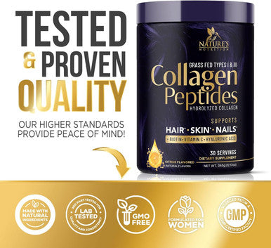 Nature'S Nutrition Collagen Peptides Powder With Hyaluronic Acid and Biotin Citrus Flavored 10g Grass Fed Collagen Powder for Women with Type I & III Collagen Supplements Hair Nail Skin & Joint Support - 30 Servings