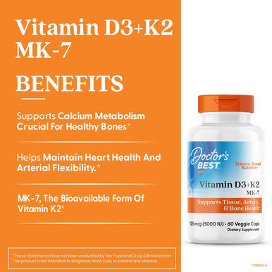Doctor'S Best Vitamin D3 + K2 (Vitamin K2 As Mk-7) Supports Bone Tissue and Arterial Health Calcium Absorption 0 Non-Gmo Gluten Vegetarian 5000 Iu 60 Veggie Caps