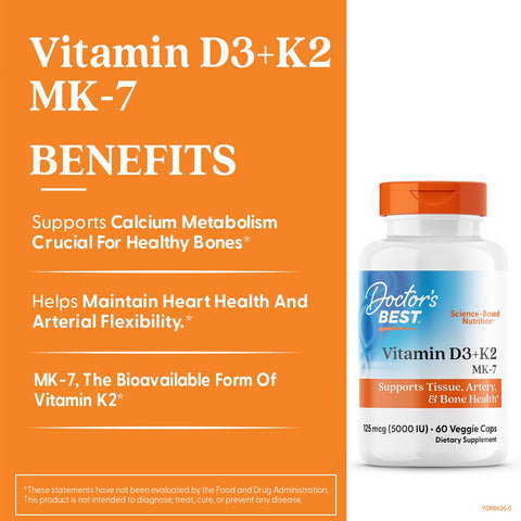 Doctor'S Best Vitamin D3 And K2 Supplement For Men & Women - Vitamin D3 5000 Iu K2 As Mk-7 Bone Health Support Gluten Free Non Gmo Vegetarian Capsules 60 Veg Caps