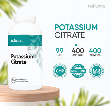 Nui Nutra Potassium Citrate Supplement | 99mg | 400 Capsules | Electrolyte and Essential Mineral | Support for Bones, Heart, Immune System, and Muscle Contraction | Citrato de Potasio