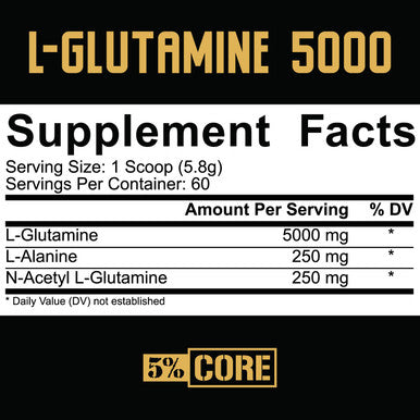 5% Nutrition L-Glutamine 5000 Supplement w/ L-Alanine | Immune & Digestive Support | Amino Muscle Builder Post Workout Recovery | Unflavored (60 Servings)