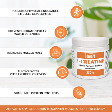 Supersmart 3Creatine with Creatine Monohydrate Physical Performance Muscle Stimulator Increase Faster PostExercise Recovery NonGMO Gluten Free 250 g