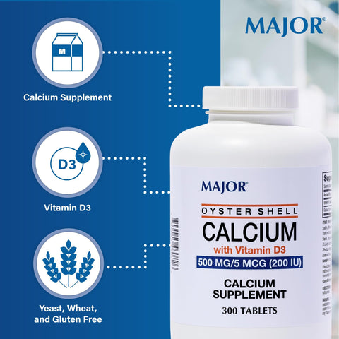 Major Oyster Shell Calcium with Vitamin D3 500 mg / 5 mcg (200 IU) Daily Calcium Supplement 300 Tablets (1 Pack)