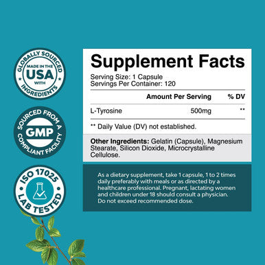Natures Craft Form L Tyrosine 500mg Capsules - High Strength L-Tyrosine Supplement for Mental Energy and Focus Support - Amino Acid Nootropic Supplement for Mood Focus Attention and Cognitive Performance