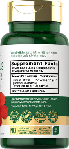 Hibiscus Flower Extract 1100 Mg | 120 Capsules | Non-Gmo, Gluten Free Supplement | By Carlyle