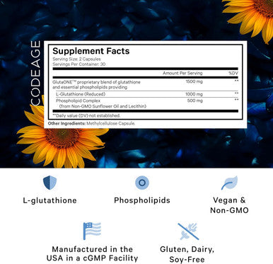 Codeage Liposomal Glutathione 1000 mg Supplement High-Potency Reduced Glutathione - Liposomal Delivery - L-Glutathione - Phospholipids - Non-GMO Gluten- - 60 Capsules