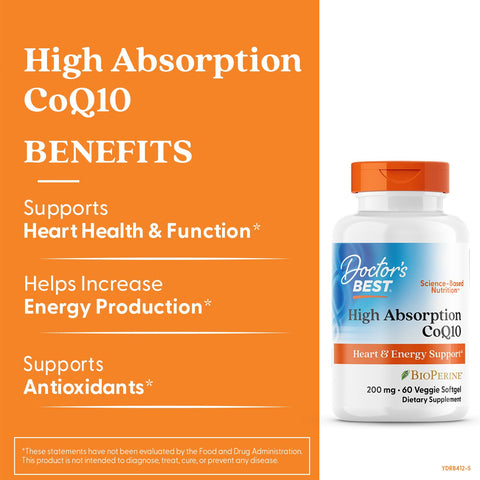 Doctor'S Best High Absorption Coq10 200Mg With Bioperine Supplement - Coenzyme Q10 Softgels For Heart Health & Antioxidant Support Coq10 200 Mg For Women & Men Non Gmo 60 Veg Softgels
