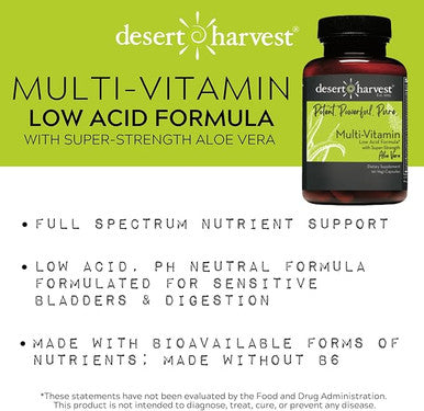 Desert Harvest Low Acid Multi Vitamin Supplement pH Balanced Formula Made Without B6 90 Capsules