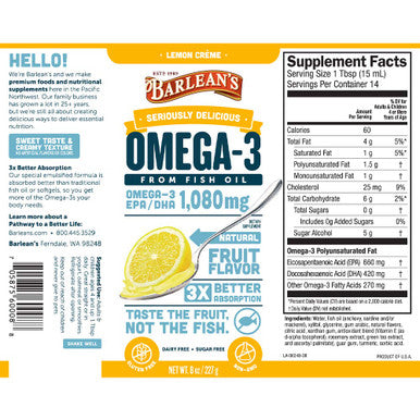 Barleans Lemon Creme Omega 3 Fish Oil Supplements 1080mg of EPA/DHA for Brain Heart Joint Immune Health AllNatural Fruit Flavor Non GMO Gluten Free 8Ounce