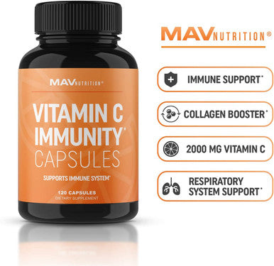 MAV NUTRITION Vitamin C Capsules for Immune Support NonGMO Gluten Vegan Vegetarian Friendly Vitamin C as Ascorbic Acid 500mg per Capsule 2000mg per Serving 2 Pack