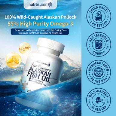 Nutrasumma High Purified Omega 3 Supplement Wild Alaskan Fish Oil Burpless & No Fishy Taste, 650Mg Epa &270Mg Dha Of 1250Mg Fish Oil Softgels, Gluten Free, Heart, Brain& Immune Support, 60 Servings