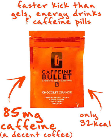 Caffeine Bullet Energy Chews. Chocolate Orange - 40 * 85mg Caffeine Gummies: kick faster than energy gels for a cycling, endurance sports & stay awake chocolate boost