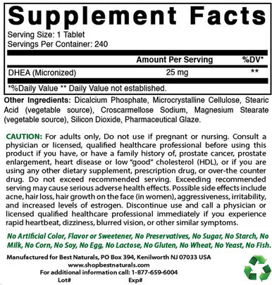 Best Naturals Dhea 25mg Supplement 240 Tablets - Supports Balanced Hormone Levels for Men & Women - Promotes Healthy Aging - USA Manufactured