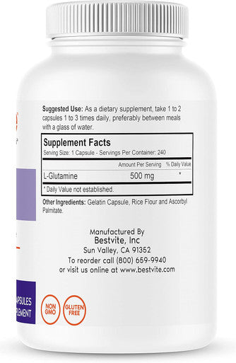 Bestvite L-Glutamine 500mg per Capsule (240 Capsules) - No Dicalcium Phosphate - No Stearates - Non GMO - Gluten - Gut Health Support
