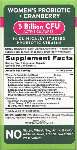 Probiotics for Women | 5 Billion Active Cultures | 40 Vegetarian Capsules | with Cranberry | Non-GMO, Gluten | by Natures Truth