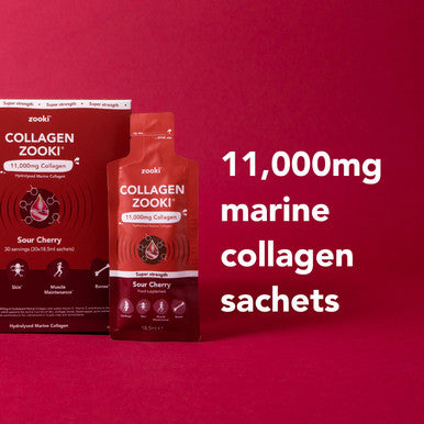 Zooki 11,000mg Super Strength Marine Collagen Liquid Sachets | Hydrolysed Peptides | Ultimate Skin Hair Nails Joints Bones & Muscles Support (Sour Cherry Flavour 14 Servings)