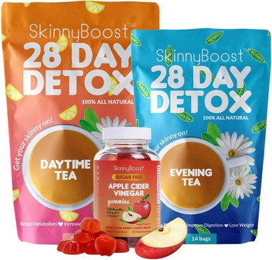 SkinnyBoost - Detox Tea Power Kit-1 - Daytime Tea (28 Bags) 1 Evening Detox Tea (14 Bags) & 1 Sugar Free Apple Cider Vinegar Vegan Gummies (60 Gummies) Detox and Cleanse