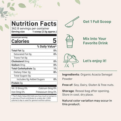 Micro Ingredients Organic Acacia Senegal Powder 2 Pounds (32 Ounce) Instant Soluble Fiber Powder Plant-Based Prebiotic Superfood for Gut Health Non-GMO No Gluten Vegan