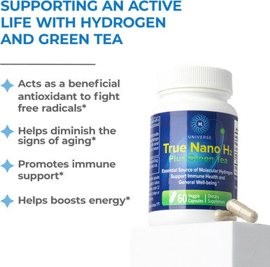 True Nano H2 With Green Tea By H2 Universe Molecular Hydrogen With Active Hydrogen Nanobubbles, Boosts Energy, Powerful Antioxidant 60 Capsules