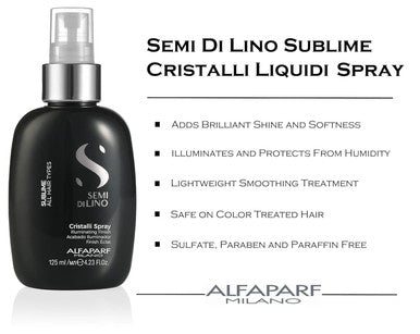 Alfaparf Semi Di Lino Sublime Cristalli Smoothing Finishing Hair Spray - Dry Hair Treatment To Detangle & Add Shine - Smoothing Serum With Flax Seed Oil & Vitamin E - Vegan (4.23 Oz / 125 Ml)