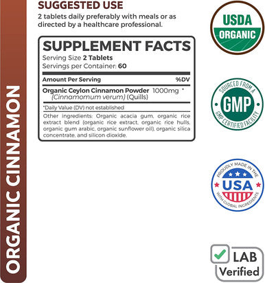 USDA Organic Ceylon Cinnamon 120 Tablets 1000mg per Serving Cinnamon Bark Supplement for Natural Support No Powder Capsules or Pills