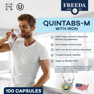 Freeda Multivitamin - Quintabs-M With Iron - Kosher Multi Vitamins Supplements For Women Health - Multivitamins For Women & Iron-Deficient Men Adult Vitamins Multivitamin (100)
