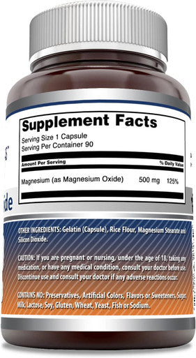 Amazing Nutrition Formulas Magnesium Oxide 500mg 90 Capsules Supplement | Non-GMO | Gluten | Made in USA