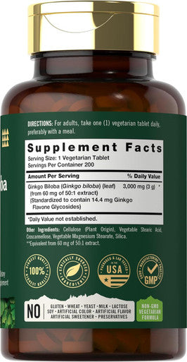 Carlyle Ginkgo Biloba | 3000mg Per Serving | 200 Tablets Extra Strength | Vegetarian | Non-GMO & Gluten Supplement | Tahoe Nutritionals