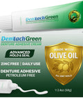 Denttach Green Denture Adhesive Petroleum Free Olive Oil Based Denture Cream For Full And Partial Dentures All Day Secure Hold Premium Denture Glue Zinc Free 2.4 Ounce