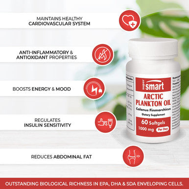 Supersmart Arctic Plankton Oil 1000 mg Per Day Krill Oil zooplankton with Omega3 Fatty Acids EPA DHA SDA Support a Healthy Cardiovascular System NonGMO Gluten Free 60 Softgels