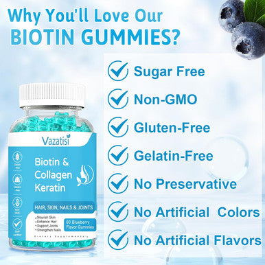 2 Pack Biotin Gummies 15000 Mcg With Collagen & Keratin For Hair Skin Nails & Joints- Women Men, Kids - 120 Blueberry Flavored Gummies