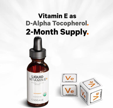 Codeage Liquid Vitamin E+ - USDA- Organic Vitamin E - 2-Month Supply - D-Alpha Tocopherol Acetate Organic MCT Oil Organic Orange Fruit Oil Unflavored Non-GMO Vegan Gluten- 2 fl oz