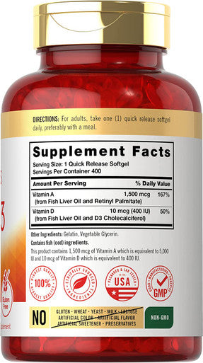 Carlyle Vitamin A and D Supplement | 400 Softgels | 1500 mcg Vitamin A and 400 IU Vitamin D3 | Non-GMO, Gluten Free