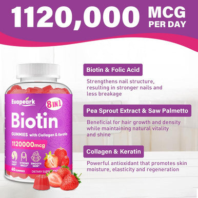 Biotin Gummies 20000 Mcg, Biotin For Hair Growth Women, 8-In-1 Biotin Gummies With Collagen, Keratin & Folic Acid, Biotin Gummies For Women, Biotin Gummies For Hair Skin & Nails, Non-Gmo, 120 Servings