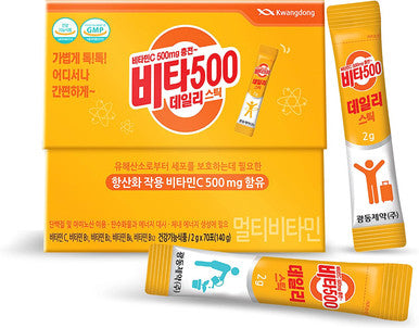 [KWANGDONG] Vita500 Daily Stick - Multivitamin Powder, Vitamin C 500mg, Vitamin B Complex (Vitamin B12, B6, B1, B2), Immune Support, Vita 500 Supplement (2g x 70 Sticks Total)