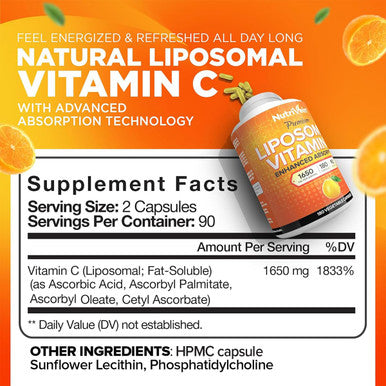 Nutrivein Liposomal Vitamin C 1650mg - 180 Capsules - High Absorption Ascorbic - Supports Immune System & Collagen Booster - Powerful Antioxidant