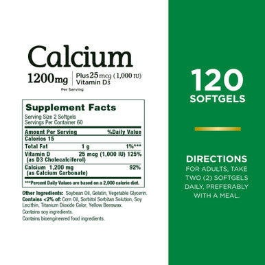 Nature's Bounty Calcium Carbonate & Vitamin D Supports Immune Health & Bone Health 1200Mg Calcium & 1000Iu Vitamin D3 120 Softgels