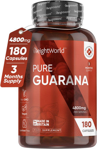 Weightworld Caffeine Supplement with No Jitter - 4X More Caffeine Than Coffee - 180 Guarana Capsules (3 Months Supply) - Vegan & Natural Caffeine Pills with No After Effects - Guarana Tablets Alternative