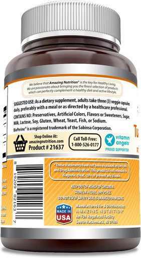 Amazing Nutrition Formulas Turmeric Curcumin & Ginger with BioPerine 2250 mg Per Serving Veggie Capsules | Non-GMO | Gluten | Made in USA | Ideal for Vegetarians (180 Count)