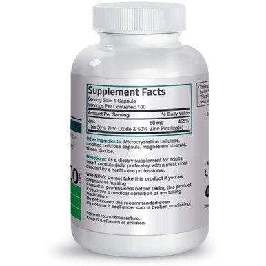 Bronson Zinc 50Mg Complex, 100 Vegetarian Capsules - High Potency Immune Support, Antioxidant Protection, Skin Health
