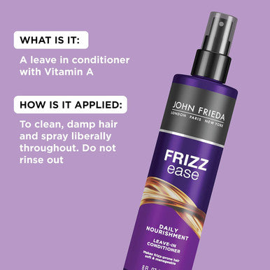John Frieda Frizz Ease Nourishing Anti Frizz Leave-In Conditioner And Heat Protectant For Frizz-Prone Hair Moisturizes And Renews Shine With Vitamin A C And E 8 Oz (2 Pack)