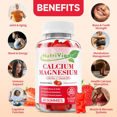 Calcium Magnesium Zinc Gummies With High Absorption Magnesium 300Mg, Calcium Supplement With D3 For Bone, Muscles & Immune Support For Kids & Adults, Strawberry Flavor, 120 Count