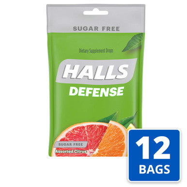 HALLS Defense Assorted Citrus Sugar Free Vitamin C Drops Dietary Supplement Drops 12 Bags of 25 Drops 300 Total Drops