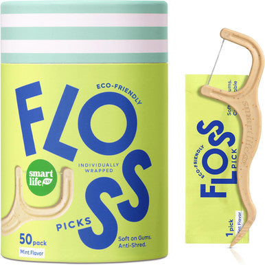 SmartLifeco Individually Wrapped Dental Floss Picks - Eco-Friendly Flosser Handle Made with Straw Wheat Blend Great for Travel PFA Free Toothpick Stick End Bamboo Charcoal Thread Whitens Teeth