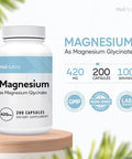 Nui Nutra Magnesium Glycinate Capsules Supplement | 420mg | 200 Capsules | Supports Heart, Sleep, Bone, Relaxation & Cardiovascular System | for Men & Women